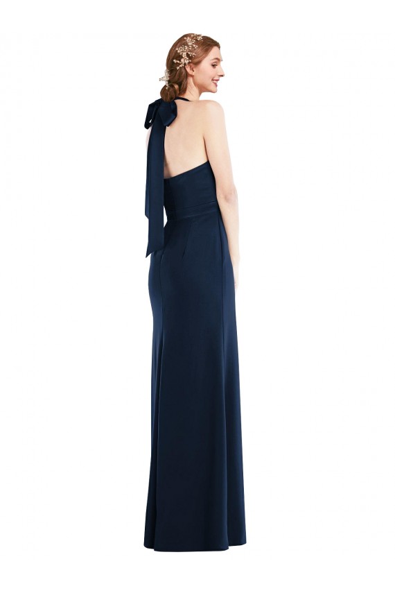 Long Sleeveless Stretch Crepe Dark Navy High Neck Trumpet Semi Formal Evening Dress