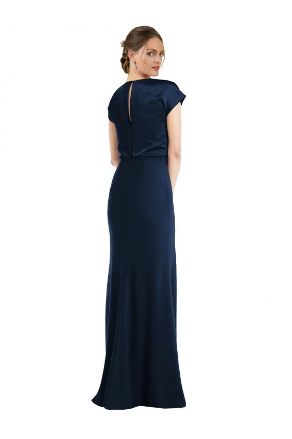Long Cap Sleeves Stretch Crepe Dark Navy Trumpet Formal Evening Dress