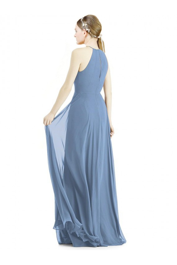 Long Sleeveless Soft Chiffon Dusty Blue Halter Neck A-Line Semi Formal Evening Dress