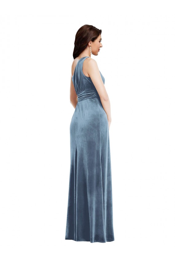 Long Sleeveless Stretch Velvet Dusty Blue A-Line Evening Dress