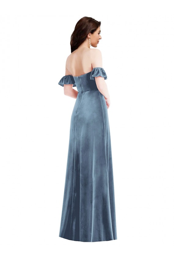Long Ruffle Sleeves Stretch Velvet Dusty Blue A-Line Formal Dress