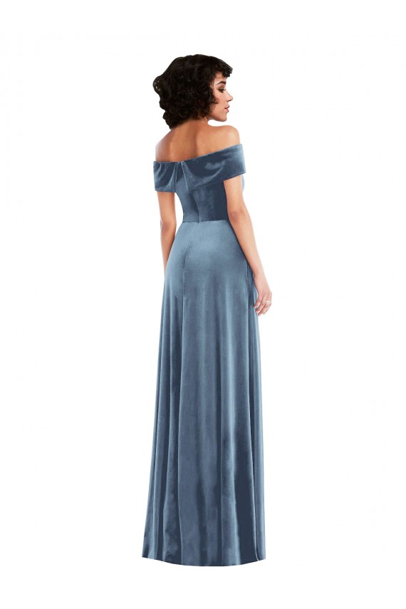 Long Sleeveless Stretch Velvet Dusty Blue Off the Shoulder A-Line Semi Formal Evening Dress