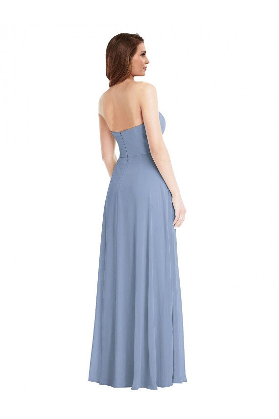 Long Sleeveless Soft Chiffon Dusty Blue Strapless A-Line Semi Formal Evening Dress