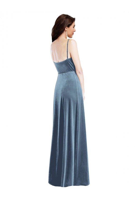 Long Sleeveless Stretch Velvet Dusty Blue A-Line Semi Formal Evening Dress
