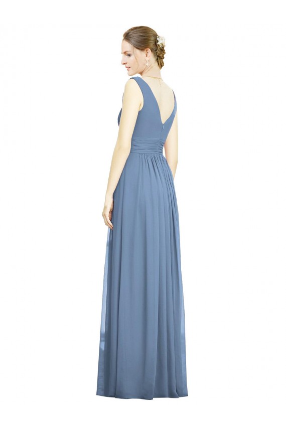 Long Sleeveless Soft Chiffon Dusty Blue A-Line Semi Formal Evening Dress