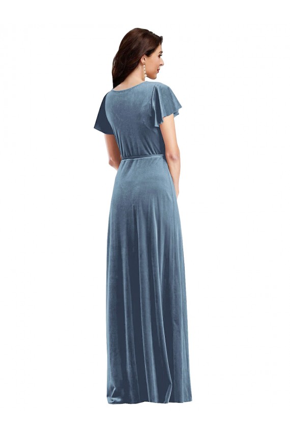 Long Flutter Sleeves Stretch Velvet Dusty Blue A-Line Black Tie Evening Dress