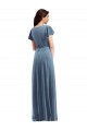 Long Flutter Sleeves Stretch Velvet Dusty Blue A-Line Black Tie Evening Dress