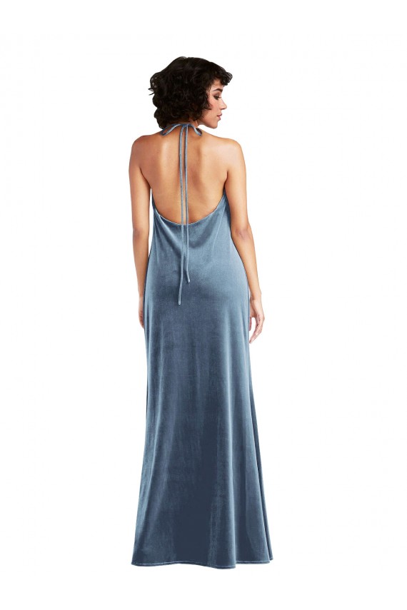 Long Sleeveless Stretch Velvet Dusty Blue Sheath V-Back Evening Dress