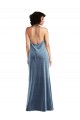 Long Sleeveless Stretch Velvet Dusty Blue Sheath V-Back Evening Dress