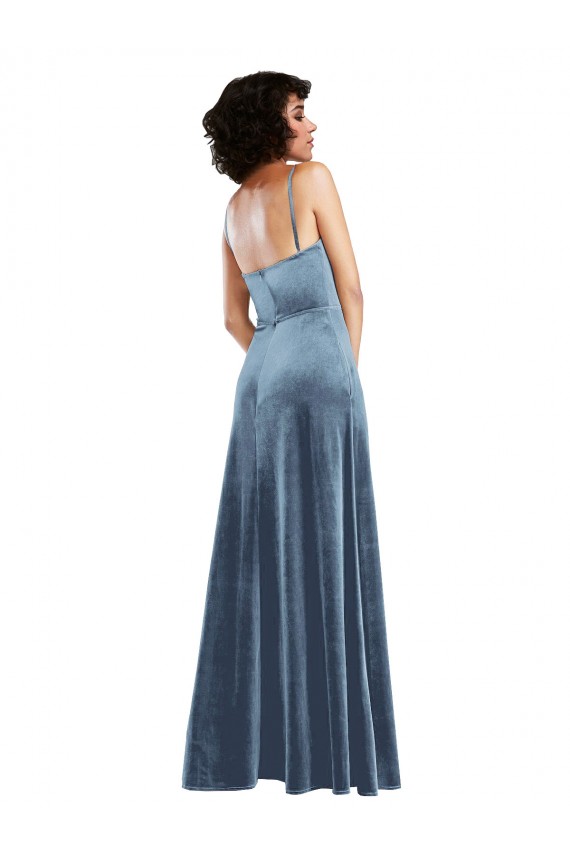 Long Sleeveless Stretch Velvet Dusty Blue Cowl Neck Sheath Semi Formal Evening Dress