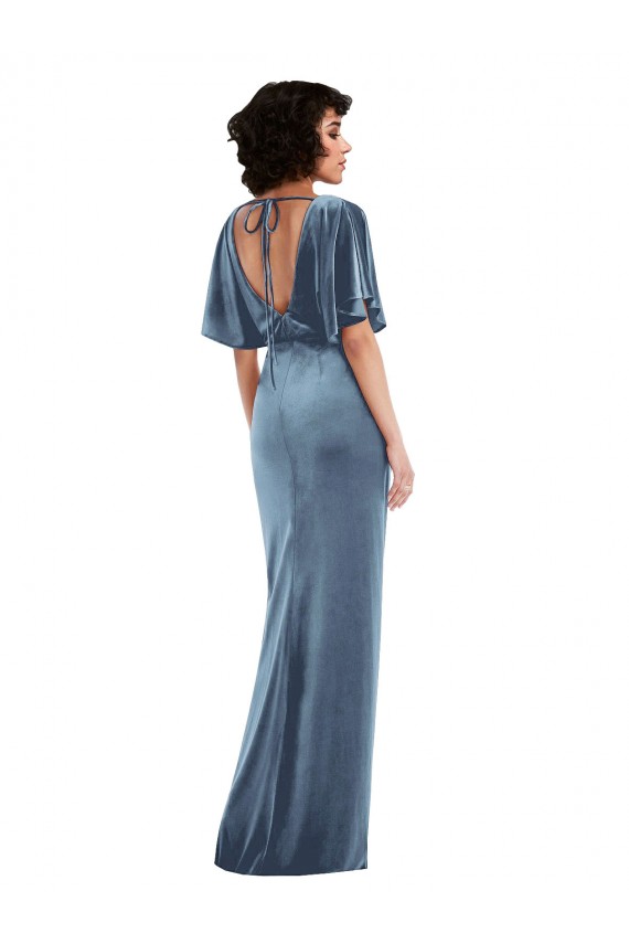 Long Flutter Sleeves Stretch Velvet Dusty Blue Sheath Semi Formal Evening Dress