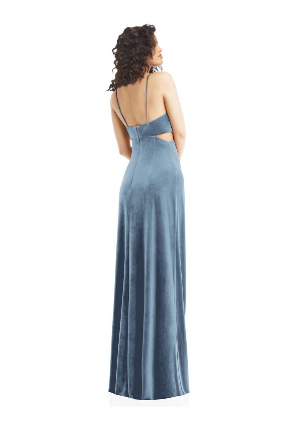 Long Sleeveless Stretch Velvet Dusty Blue Square Neck Sheath Formal Evening Dress