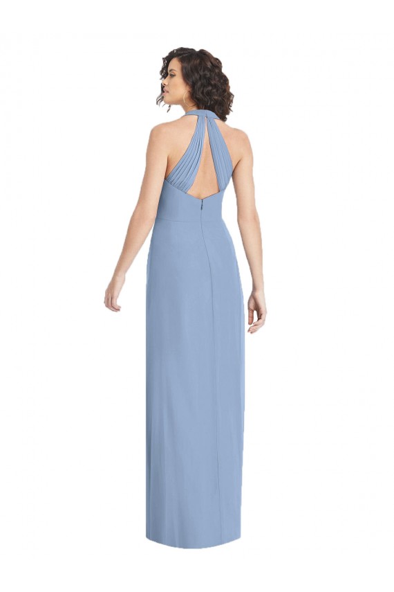 Long Sleeveless Soft Chiffon Dusty Blue Trumpet Formal Evening Dress