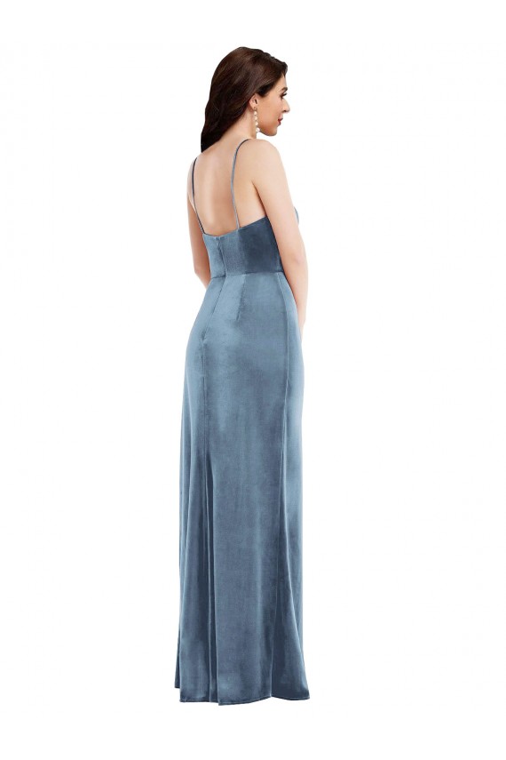 Long Sleeveless Stretch Velvet Dusty Blue Trumpet Formal Evening Dress