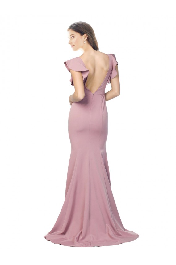 Sweep Train Flutter Sleeves Stretch Crepe Dusty Pink Mermaid Formal Evening Dress