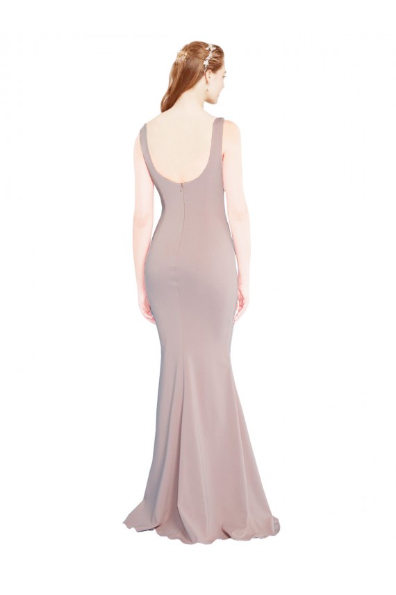 Long Cap Sleeves Stretch Crepe Dusty Pink Scoop Neck Mermaid Formal Evening Dress