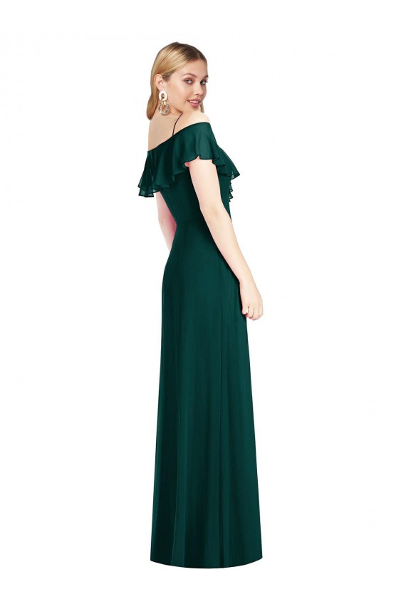 Long Cold Shoulder Soft Chiffon Ever Green Trumpet Semi Formal Evening Dress