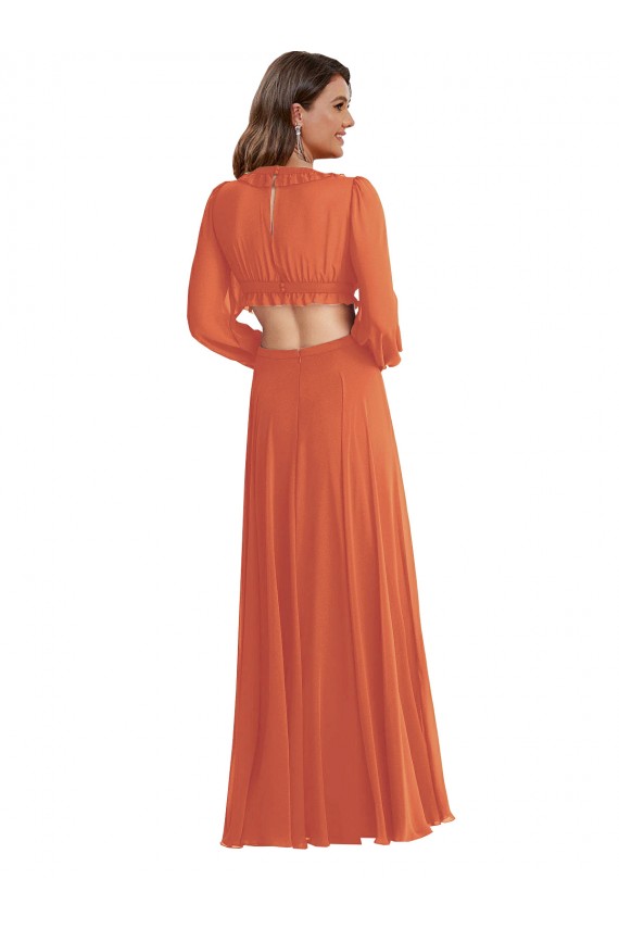 Long Long Sleeves Soft Chiffon Firecracker A-Line High Low Evening Dress