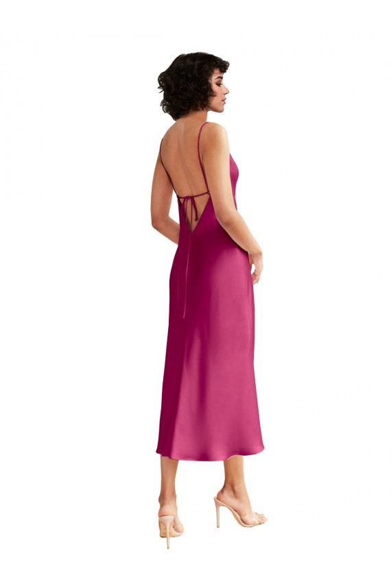 Midi Length Sleeveless Stretch Satin Fuchsia A-Line Formal Evening Dress