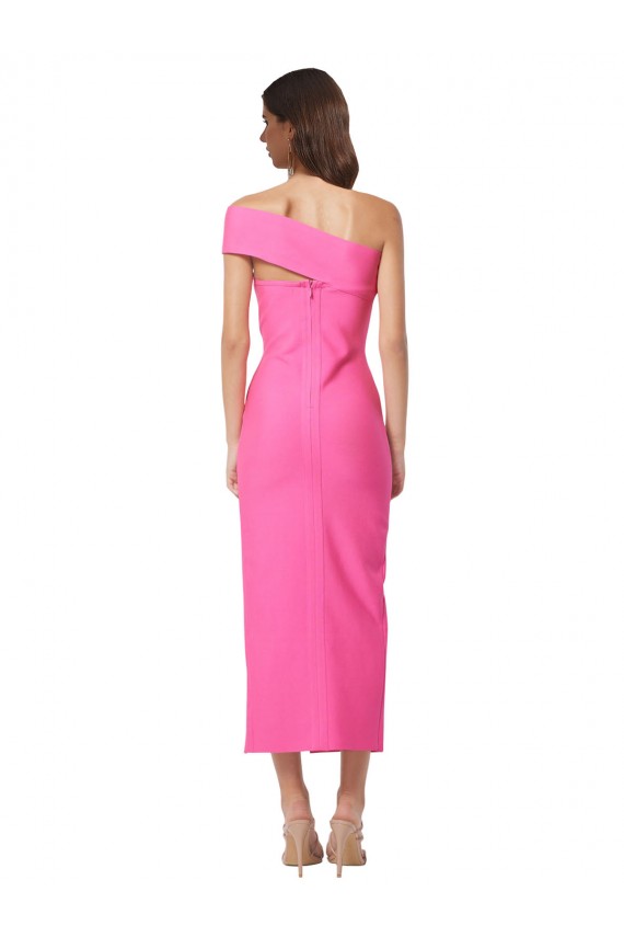 Midi Length Sleeveless Stretch Crepe Fuchsia Sheath Evening Dress