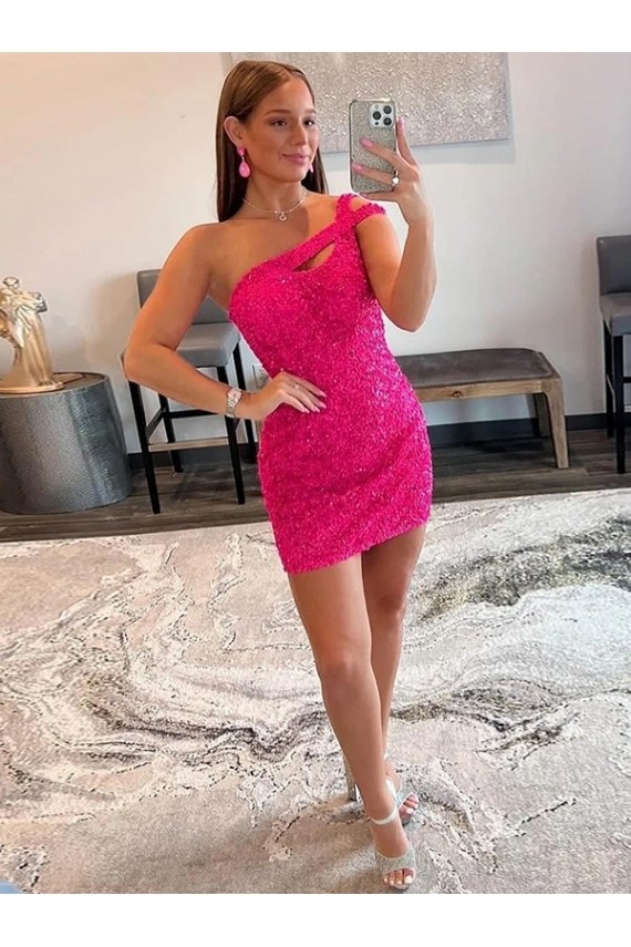 Short Sleeveless Velvet Sequin Fuchsia Sheath Evening Dresses