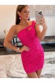 Short Sleeveless Velvet Sequin Fuchsia Sheath Evening Dresses