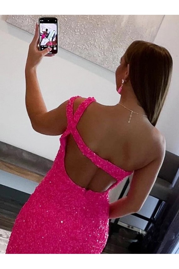 Short Sleeveless Velvet Sequin Fuchsia Sheath Evening Dresses