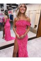 Sweep Train Sleeveless Velvet Sequin Fuchsia Sheath Evening Dresses