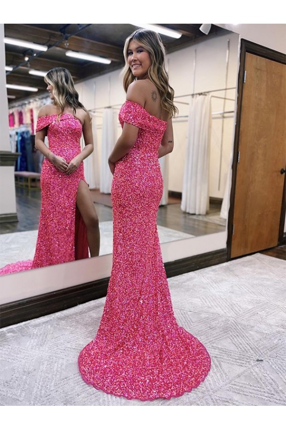 Sweep Train Sleeveless Velvet Sequin Fuchsia Sheath Evening Dresses