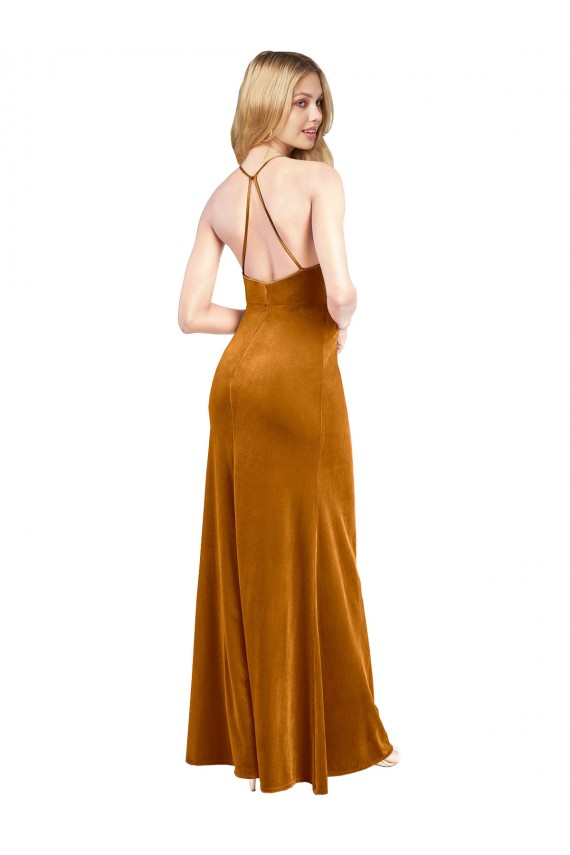 Long Sleeveless Stretch Velvet Gold A-Line Formal Evening Dress