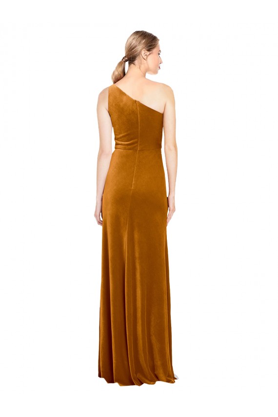Long Sleeveless Stretch Velvet Gold One Shoulder A-Line Formal Evening Dress