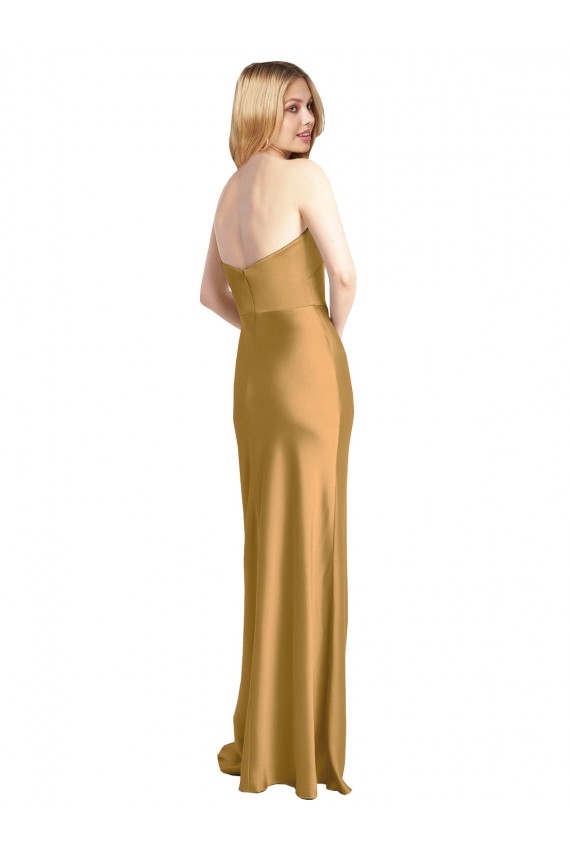 Long Sleeveless Stretch Satin Gold Strapless A-Line Formal Evening Dress