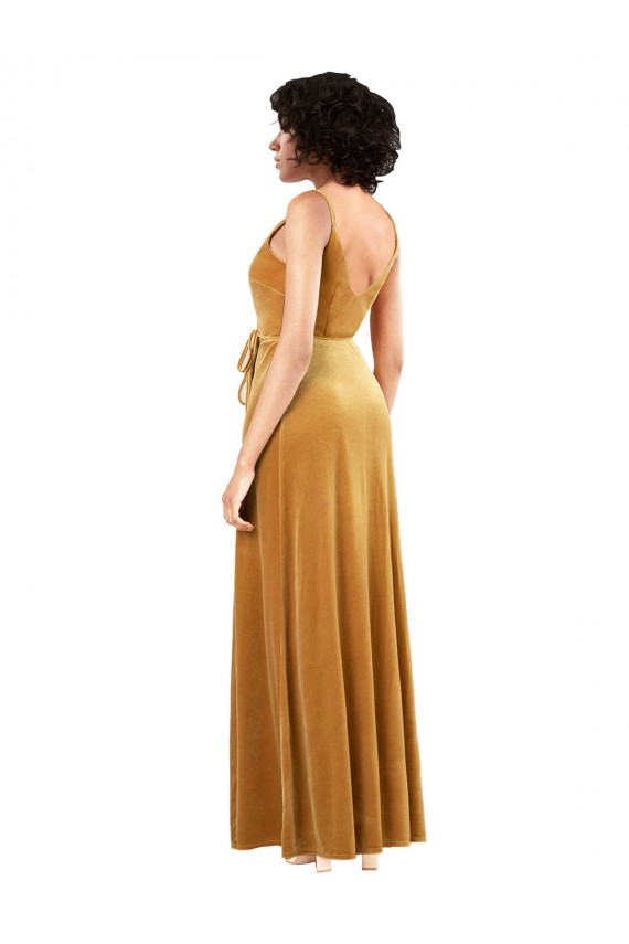 Long Sleeveless Stretch Velvet Gold Column Black Tie Evening Dress