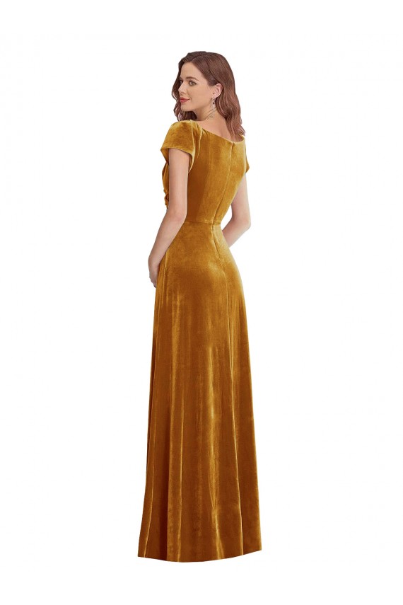 Long Cap Sleeves Stretch Velvet Gold Sheath Formal Evening Dress