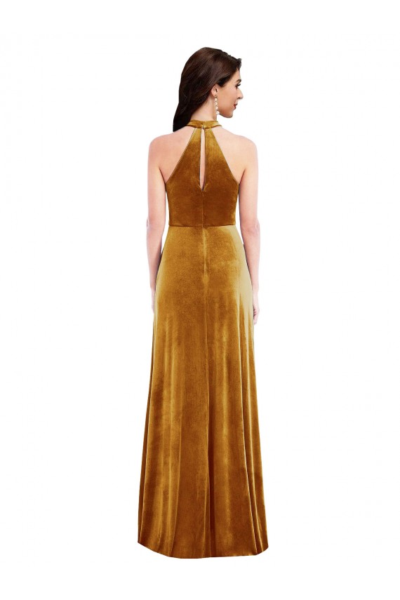 Long Sleeveless Stretch Velvet Gold Halter Neck Trumpet Semi Formal Evening Dress