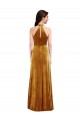 Long Sleeveless Stretch Velvet Gold Halter Neck Trumpet Semi Formal Evening Dress