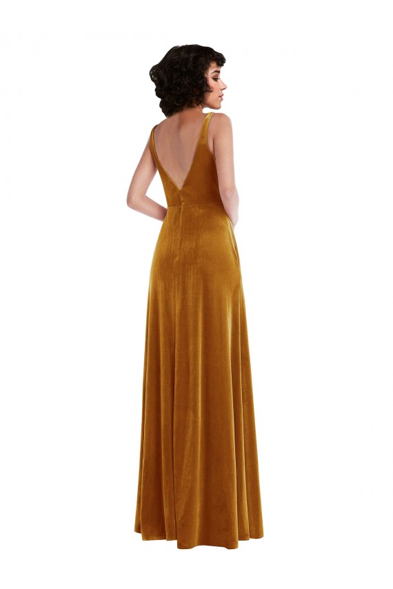 Long Sleeveless Stretch Velvet Gold Trumpet Semi Formal Evening Dress