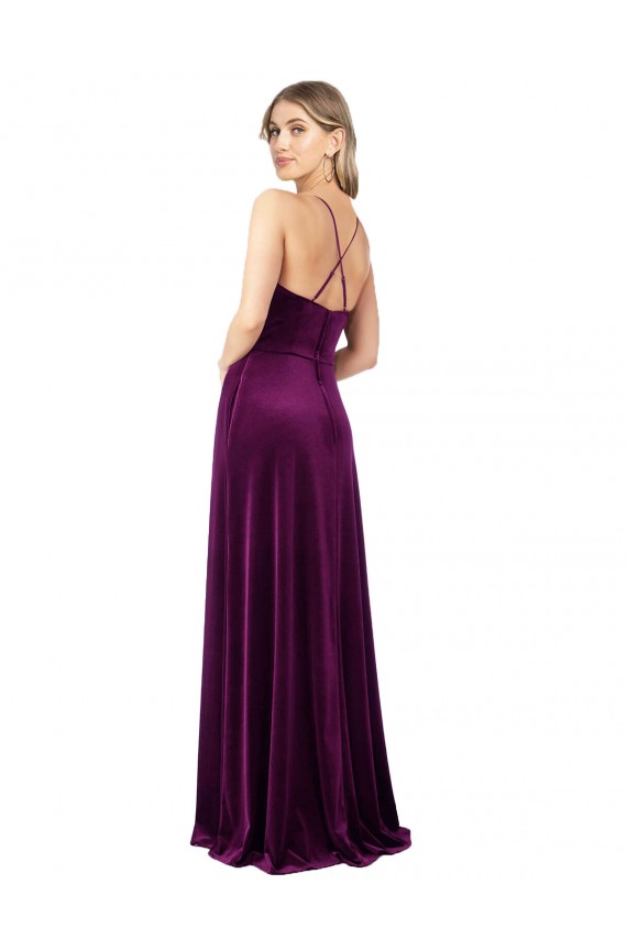 Long Sleeveless Stretch Velvet Grape A-Line Formal Evening Dress