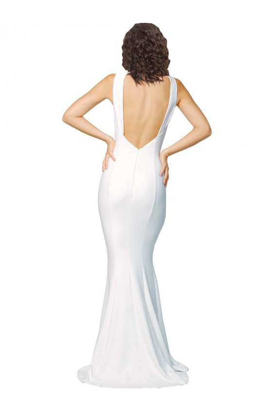 Long Sleeveless Stretch Crepe Ivory High Neck Sheath Formal Evening Dress