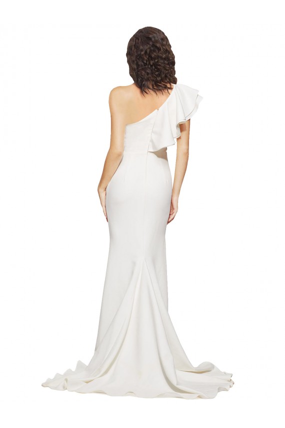 Sweep Train Sleeveless Stretch Crepe Ivory One Shoulder Sheath Semi Formal Evening Dress