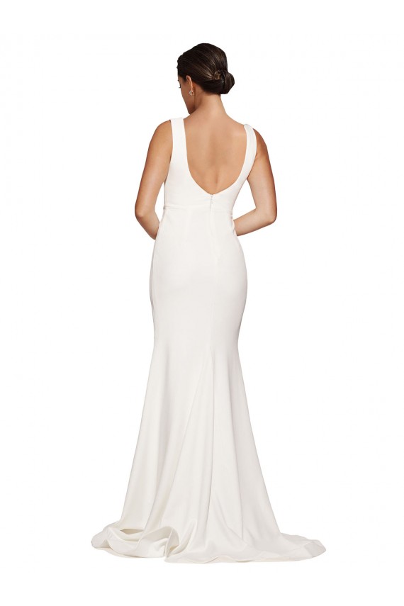 Sweep Train Sleeveless Stretch Crepe Ivory Square Neck Sheath Semi Formal Evening Dress