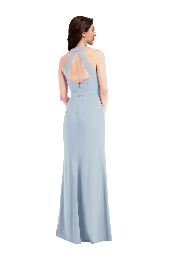 Long Sleeveless Stretch Crepe Light Sky Blue Halter Neck A-Line Formal Evening Dress
