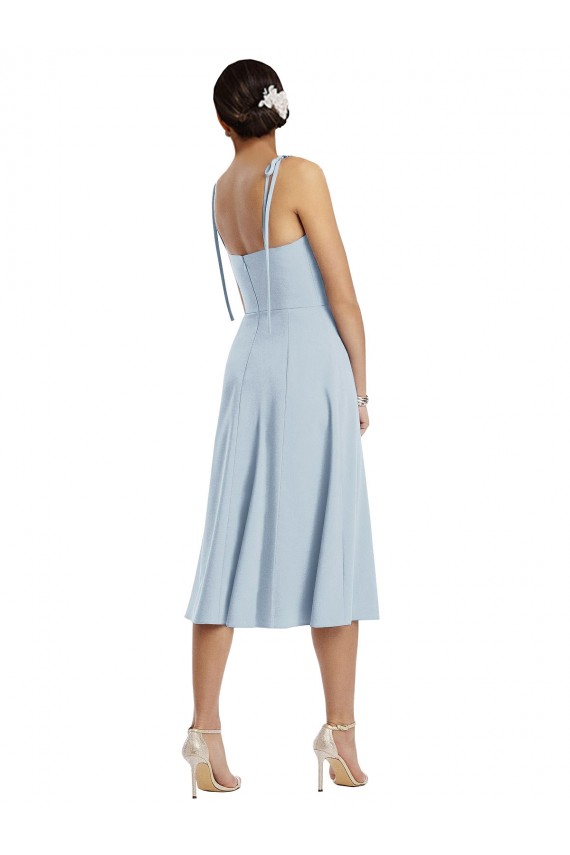 Midi Length Sleeveless Stretch Crepe Light Sky Blue A-Line Evening Dress
