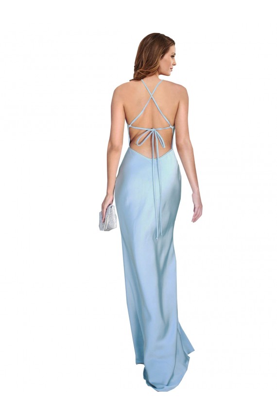 Long Sleeveless Silky Satin Light Sky Blue Sheath Formal Evening Dress
