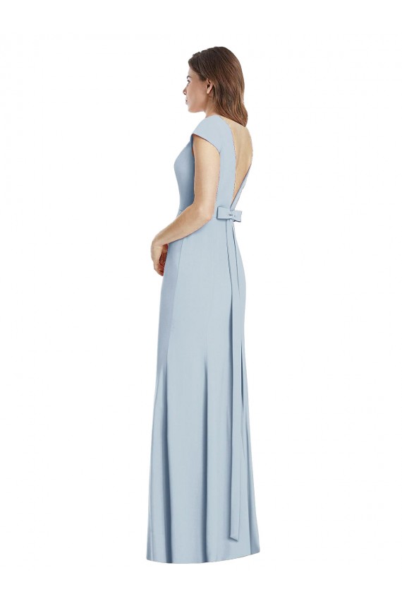 Long Cap Sleeves Stretch Crepe Light Sky Blue Trumpet Formal Dress