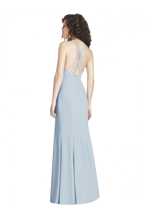 Long Sleeveless Stretch Crepe Light Sky Blue Halter Neck Trumpet Evening Dress
