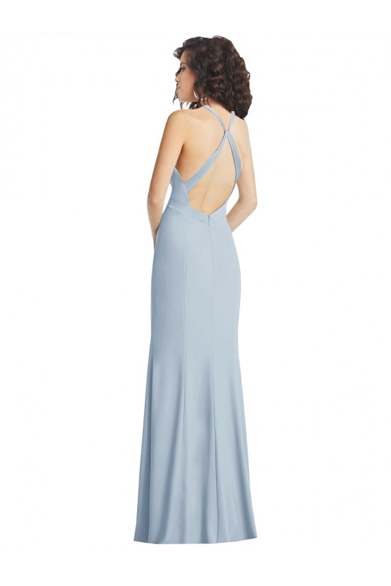 Long Sleeveless Stretch Crepe Light Sky Blue Halter Neck Trumpet Formal Evening Dress