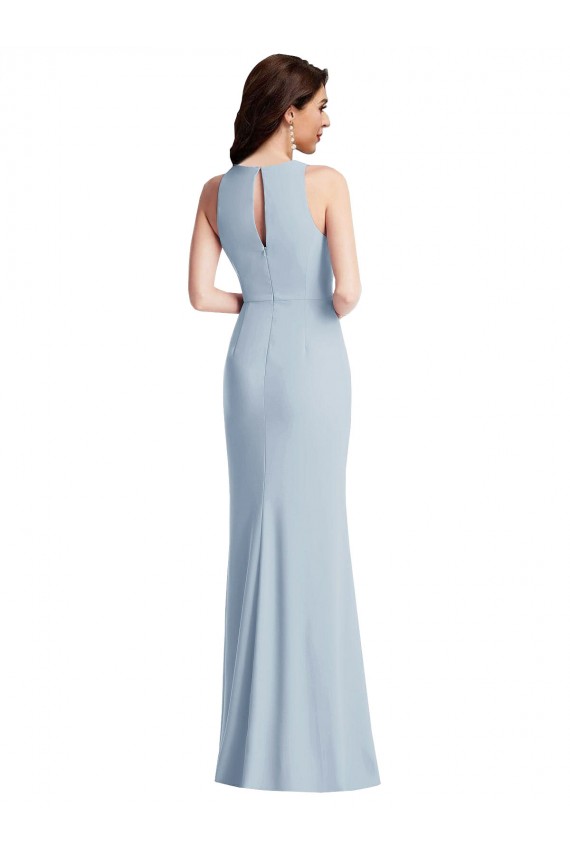 Long Sleeveless Stretch Crepe Light Sky Blue Halter Neck Trumpet Formal Dress