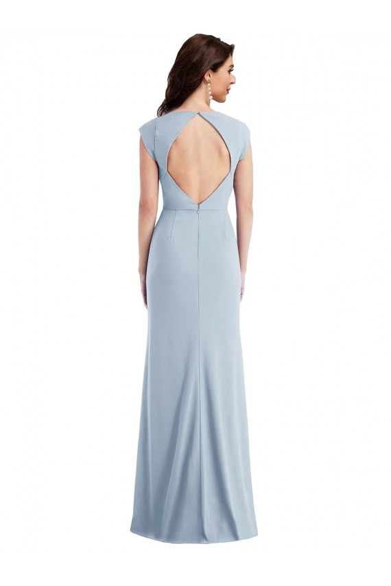 Long Cap Sleeves Stretch Crepe Light Sky Blue Trumpet Formal Evening Dress