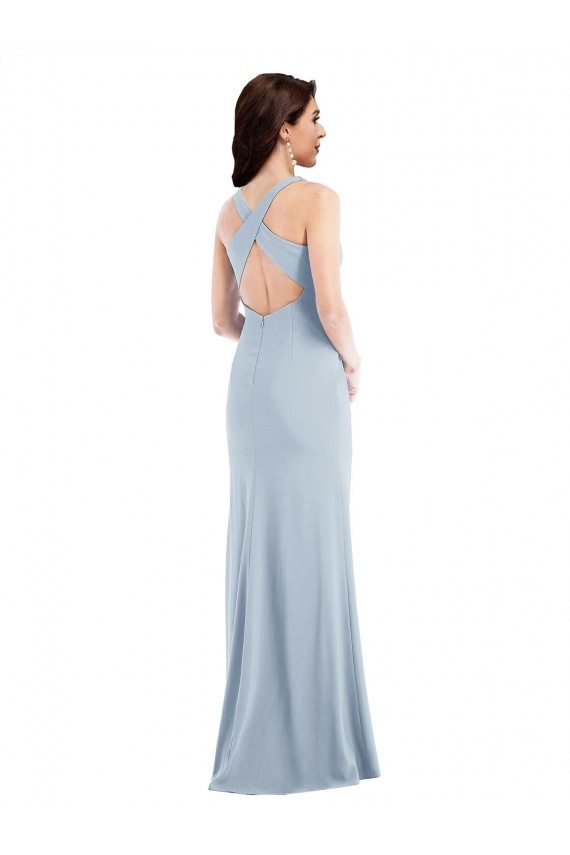 Long Sleeveless Stretch Crepe Light Sky Blue Trumpet V-Neck Evening Dress